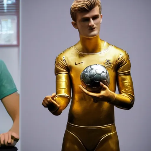 Image similar to a realistic detailed photo of a guy who is an attractive humanoid who is half robot and half humanoid, who is a male android, soccer players martin ødegaard & timo werner, shiny skin, posing like a statue, blank stare, in a museum, on display, showing off his muscles, gold soccer shorts, no jersey, ground view, ceramic statue