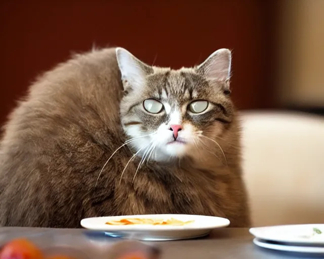 Prompt: annoyed cat waiting for food at the dinner table