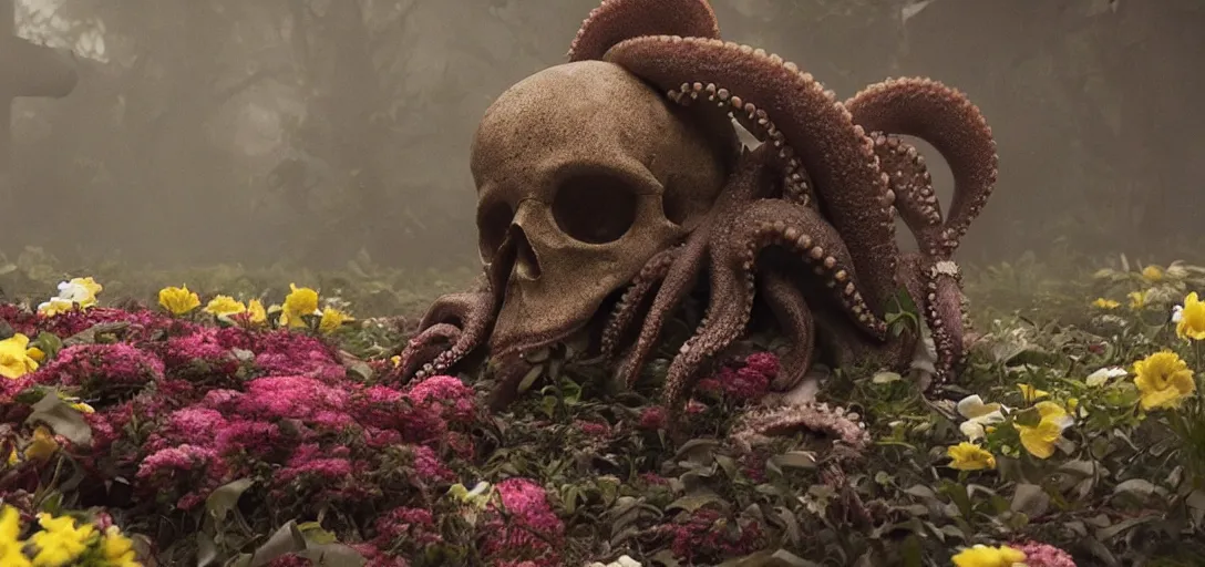 Prompt: an octopus in the shape of a skull surrounded by flowers at ( ( midnight ) ), foggy, cinematic shot, photo still from movie by denis villeneuve, wayne barlowe