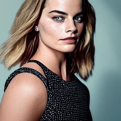 Image similar to a woman who is a genetic combination of margot robbie and emma watson face and upper - body focus