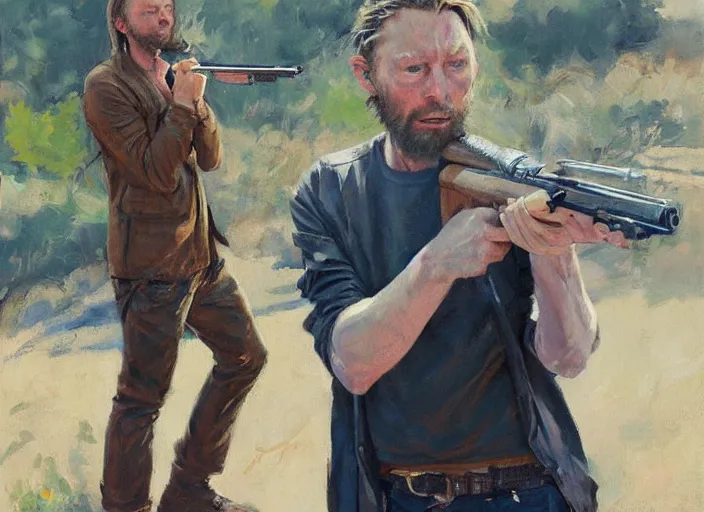 Image similar to a highly detailed beautiful portrait of thom yorke shooting a gun, by gregory manchess, james gurney, james jean