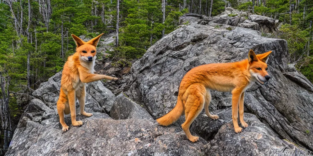 Image similar to a dingo poses on the precipice trail on mt. champlain in maine, ocean background, ladders