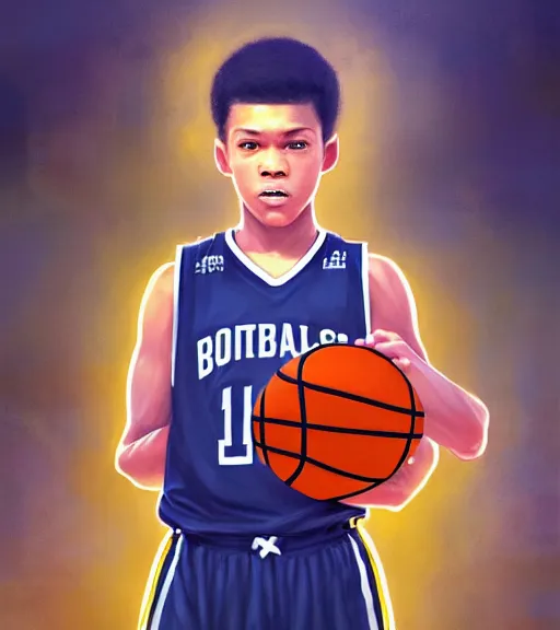 Image similar to portrait of a boy at a basketball court holding a basketball wearing a basketball uniform in a basketball court standing near the basketball hoop, poised, intense emotion, detailed facial expression, detailed surroundings, intricate, elegant, highly detailed, centered, digital painting, artstation, concept art, smooth, sharp focus, illustration, by Peter Mohrbacher, WLOP