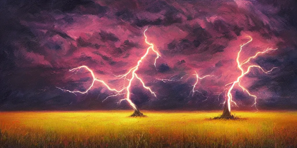 Image similar to lightning strikes a tree in the middle of a field, painting By Alena Aenami,