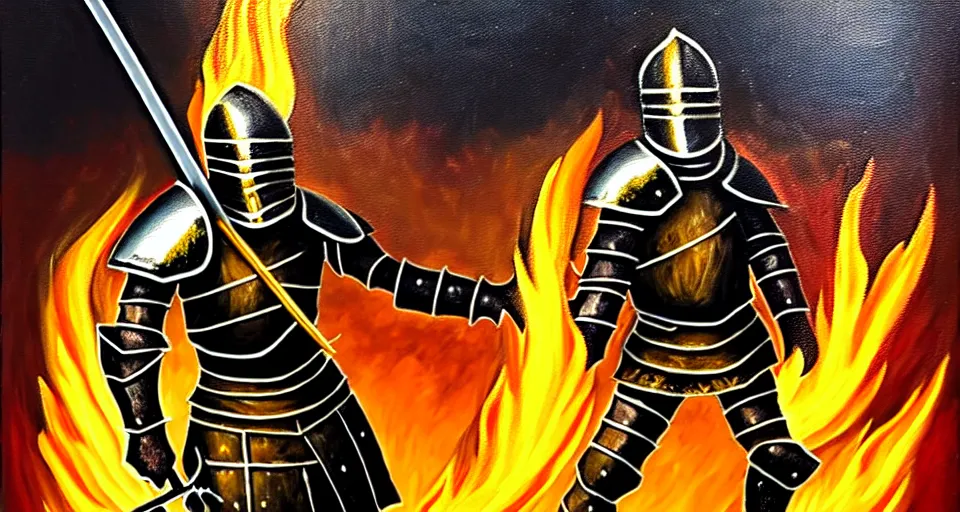 Image similar to An oil painting of a knight in dark metal armor wielding a flaming sword