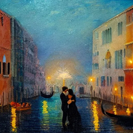 Image similar to an oil painting of couple kissing, in a background fireworks in venice