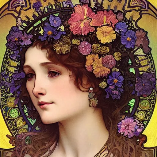 Prompt: realistic detailed face portrait of a beautiful young queen of flowers by Alphonse Mucha, Greg Hildebrandt, and Mark Brooks, gilded details, spirals, Neo-Gothic, gothic, Art Nouveau, ornate medieval religious icon