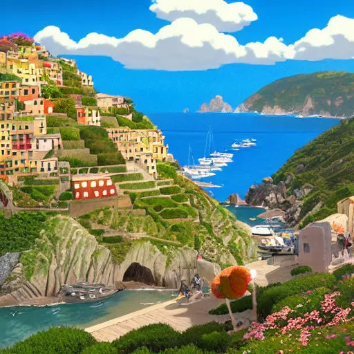 Image similar to pixar render, french bande dessinée, mediterranean landscape, quaint village, cinq terre, highly detailed, luminous, style by moebius, by studio ghibli, concept art, unreal engine