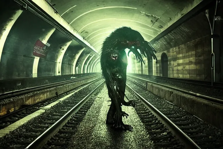 Prompt: very large giant mutant zombie irradiated an ifected with cancer and worms ( angry rat ) staying on railways in tonnel of moscow subway. extreme high detail, very realistic. low dark light, scary mood.