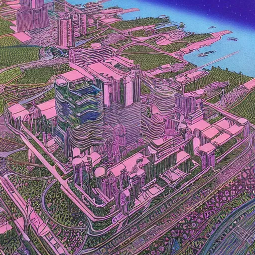 Prompt: city of the future in harmony with nature. Beautiful detailed illustration by moebius (1975).