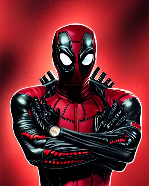 Image similar to highly detailed closeup portrait of a mutated venom symbiote in iron man suite suit with deadpool host, wearing black hoodie by atey ghailan, by greg rutkowski, by greg tocchini, by james gilleard, by joe fenton, by kaethe butcher, red, black, crimson and white color scheme, background is graffiti tag wall