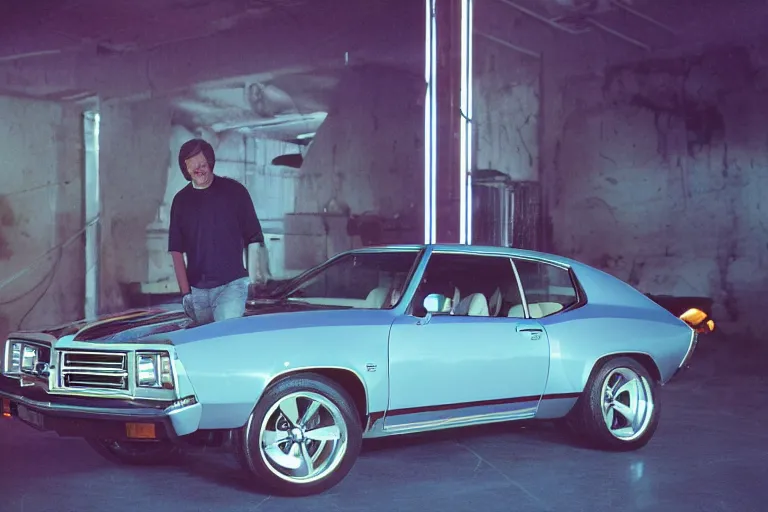 Prompt: studio photoshoot designed by giorgetto giugiaro of a single 1 9 7 3 land cruiser chevelle, thick neon lights, ektachrome photograph, volumetric lighting, f 8 aperture, cinematic eastman 5 3 8 4 film