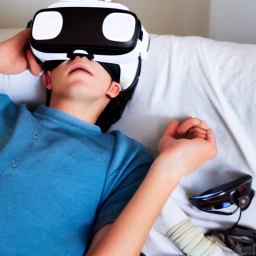 Prompt: a stock photo of a teenage boy laying in bed with a bunch of stuff wearing a VR-headset, featured on flickr, cluttered room