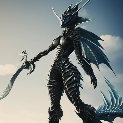 Image similar to highly detailed realistic stunning shot of a beautiful elegant anthropomorphic female dragon knightess doing a majestic pose, armor made of steel, sharp claws and tail, cloak flittering in the wind, high quality, HD octane render, epic cinematography, Artstation, Deviantart, Furaffinity