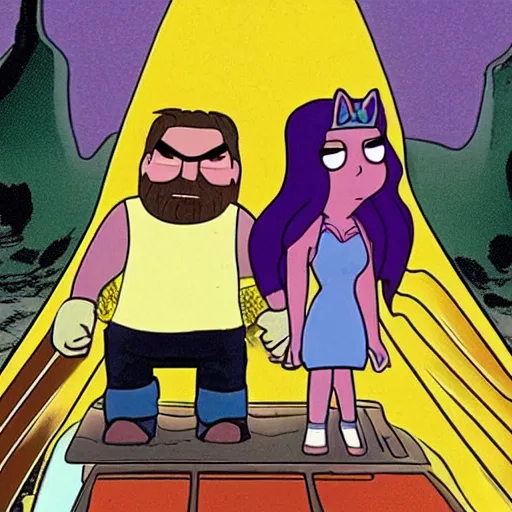 Prompt: thanos and louise belcher driving a convertible off a cliff, grainy 1 9 9 1 vhs tape, dramatic movie scene, very realistic