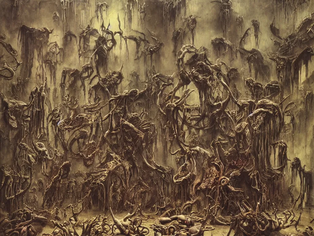 Image similar to an eerie painting of a cacophony of demons sacrificing humans in a grungy derelict georgian manor interior with colourful graffiti on the walls and garbage scattered on the floor, reclaimed by nature by zdzisław beksinski, wayne barlowe, hr giger, luis royo, agostino arrivabene