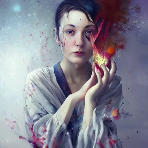 Image similar to A painting. A rip in spacetime. Did this device in her hand open a portal to another dimension or reality?! by Ryohei Hase, by Reylia Slaby precise