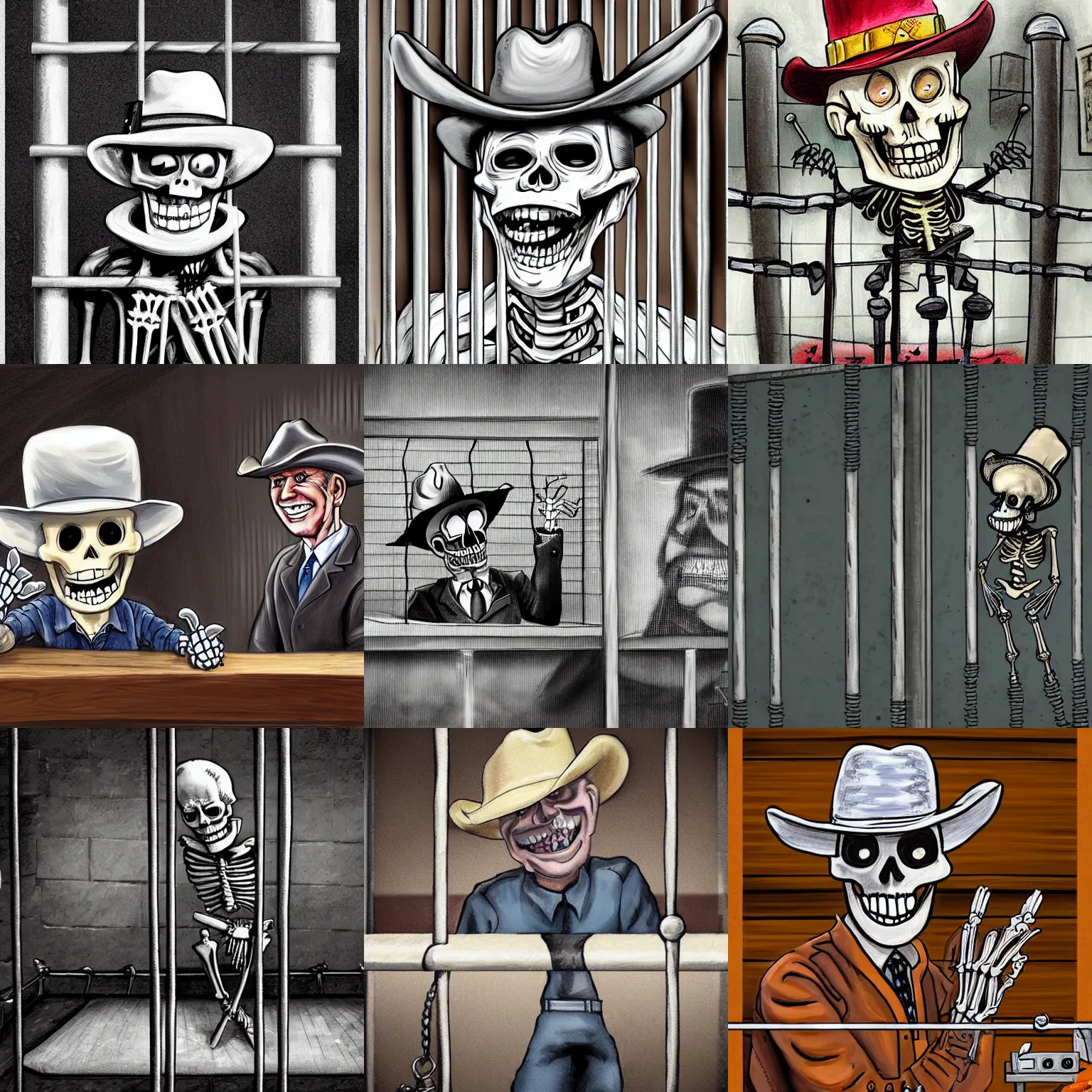 Prompt: a cartoon skeleton in a cowboy hat in prison behind bars as caricature joe biden points and laughs at him. painting. trending. cinematic. epic. highly detailed. 8 k