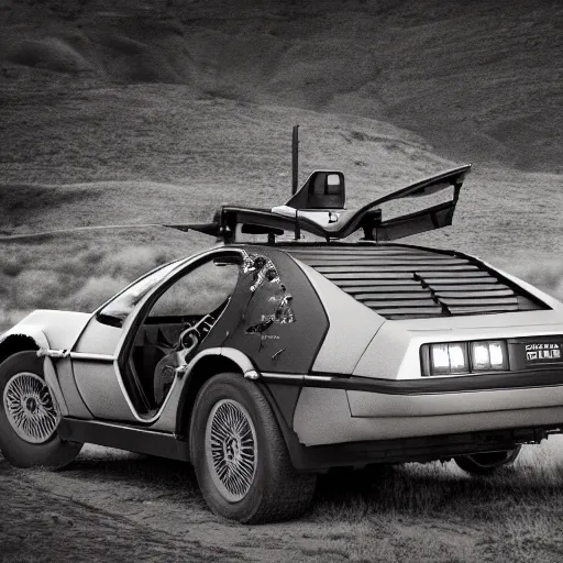 Image similar to a monochromatic sepia photograph of a delorean on the oregon trail, trending on art station,