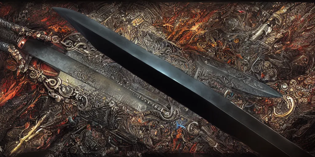 Image similar to legendary cybernetic sword lying flat on a glowing table with a long sharp black and iridescent sword blade, digital award winning hd matte painting, intimate dark moody, intricate, ornate spikes, colorful hilt, detailed realistic, raytraced blade, colored gems, future golden technological pommel, in the style of greg rutkowski and krenz cushart, deviantart