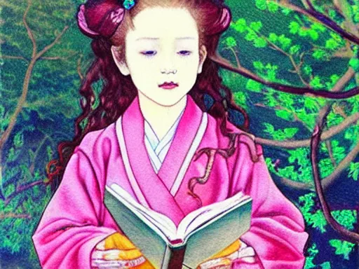 Image similar to beautiful little girl with long curly red hair dressed in a pink kimono and sitting next to a tree while reading a book, artwork made by ayami kojima, inspired in balthus, anatomically correct, higher details, realistic