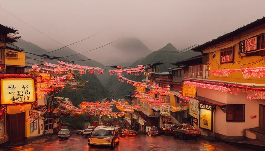 Prompt: a Wes Anderson 35mm film still of a very surreal magic small mountain town, like Jiufen, golden hour, falling cherry blossom pedals, in the style of Gucci, glowing warm lights and floating lanterns, foggy atmosphere, rainy, moody, muted colors, magic details, very detailed, 8k, cinematic look, octane render, psychedelic,