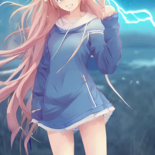 Image similar to a very beautiful anime girl, full body, long wavy blond hair, sky blue eyes, full round face, short smile, oversized hoodie, miniskirt, flower in hair, summer lake setting, cinematic lightning, medium shot, mid-shot, highly detailed, trending on Artstation, Unreal Engine 4k, cinematic wallpaper by Stanley Artgerm Lau, WLOP, Rossdraws, James Jean, Andrei Riabovitchev, Marc Simonetti, and Sakimichan