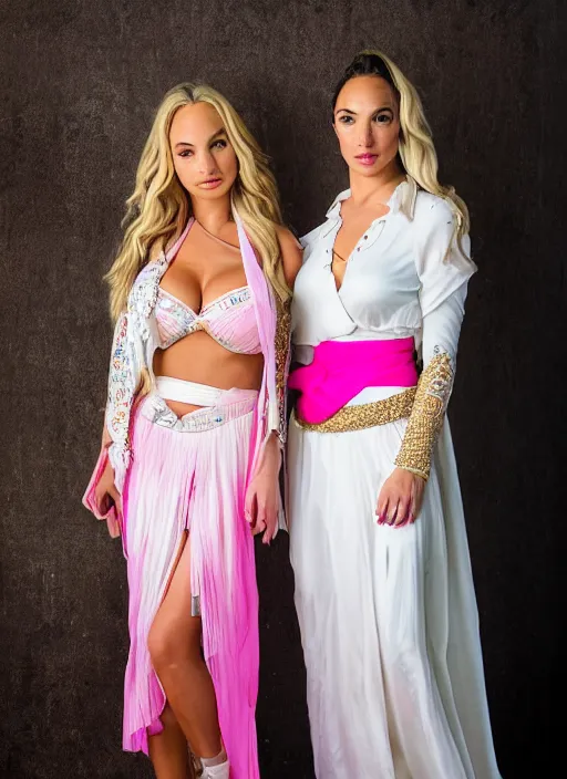 Prompt: portrait of lindsey pelas and gal gadot wearing white kebaya with batik skirt and pink silk belt, by charlotte grimm, natural light, detailed face, beautiful features, symmetrical, canon eos c 3 0 0, ƒ 1. 8, 3 5 mm, 8 k, medium - format print, half body shot