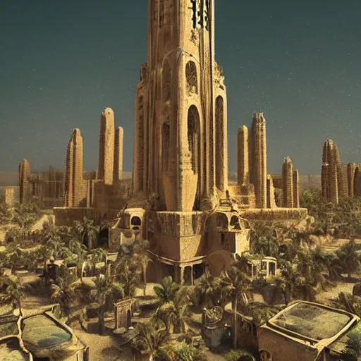 Prompt: cover concept art of the lost sand city, ruins, golden towers, golden pillars, palm trees, post-processing, in the style of Hugh Ferriss, Behance, Artgerm. High detail, ultra realistic render, octane, 3D, photorealism, symmetric, cinematic