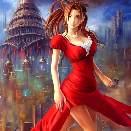 Image similar to oil painted portrait of aerith gainsborough from from final fantasy 7 in her signature red dress with the steam punk city midgard as backdrop, by master artist yoshitaka amano trending on artstation