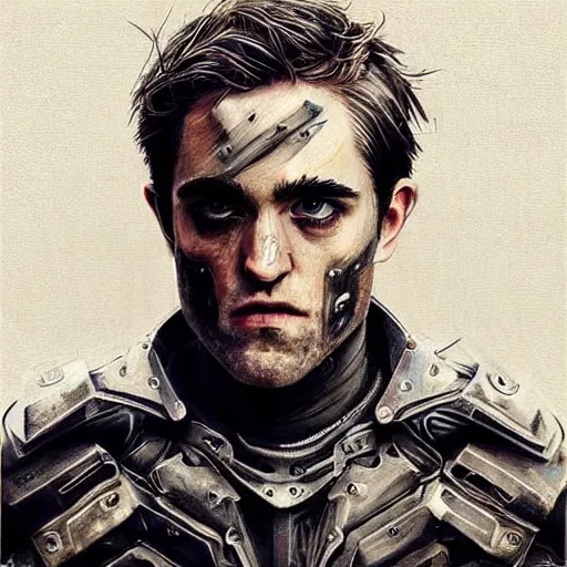 Image similar to “Robert Pattison portrait, dystopia core, hyperrealistic, apocalyptic, highly detailed exoskeleton armor, dramatic, sharp focus, hero, gape, epic, perfectly symmetrical face, perfect eyes, intricate, elegant, digital painting, concept art”