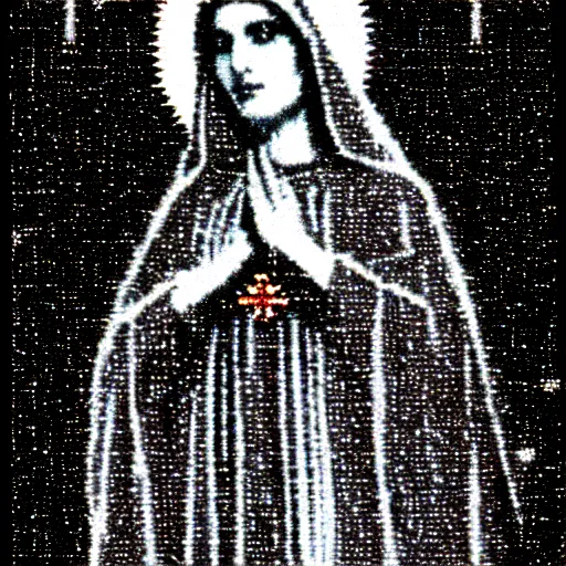 Image similar to vhs static overlay of marian apparition, vhs, 1 9 9 0, highly realistic, highly detailed, vhs noise static, black and white, vhs glitch