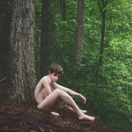Prompt: a teenage boy, around 1 9 years old with necklace, natural brown hair, loincloth, pale skin, detailed face. sitting in ominous and eerie looking forest. natural colors. realistic photo.