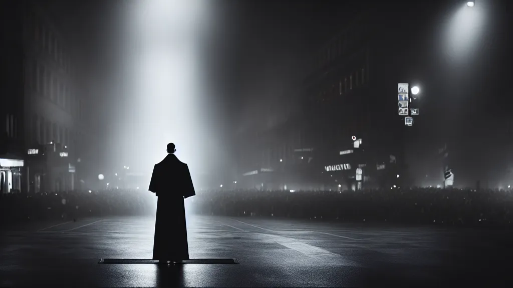 Image similar to a priest stands on a podium in front of a crowd on the street, fog, volumetric lighting, mystique, atmospheric, sharp focus, ultra detailed, noir art house, 4 k, cinematic, 3 5 mm