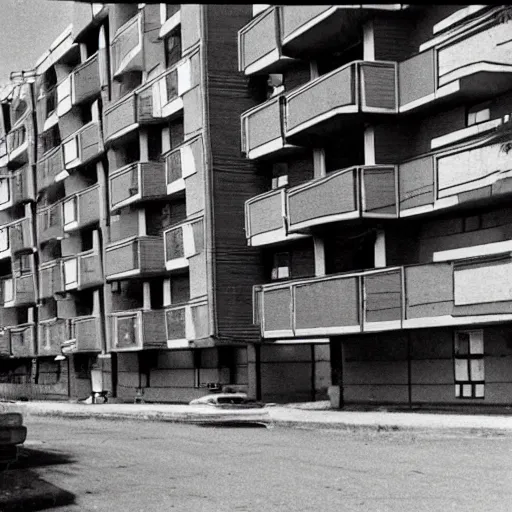 Prompt: Bustling soviet apartment complex in the 1970s