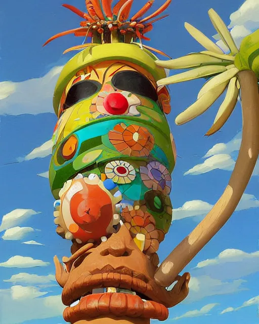 Image similar to a painting of a tribal tiki hut with a totem pole by its side, a surrealist painting by Takashi Murakami and by Naoto Hattori, Edward Hopper and James Gilleard, Zdzislaw Beksinsk, by Jesper Ejsing, by RHADS, Makoto Shinkai and Lois van baarle, trending on deviantart, pop surrealism, lowbrow, grotesque, whimsical