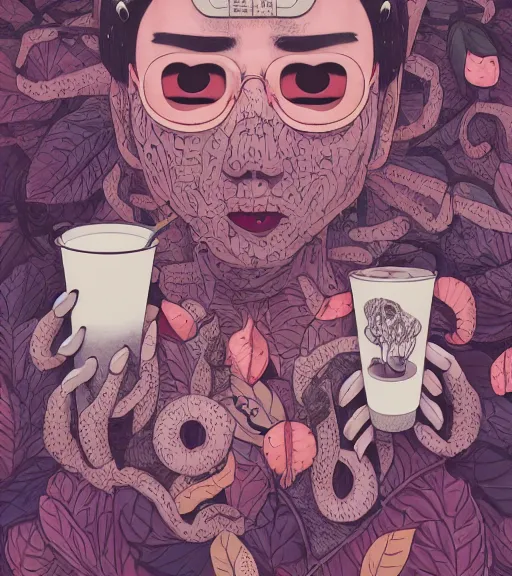 Image similar to portrait, nightmare anomalies, leaves with milktea by miyazaki, violet and pink and white palette, illustration, kenneth blom, mental alchemy, james jean, pablo amaringo, naudline pierre, contemporary art, hyper detailed