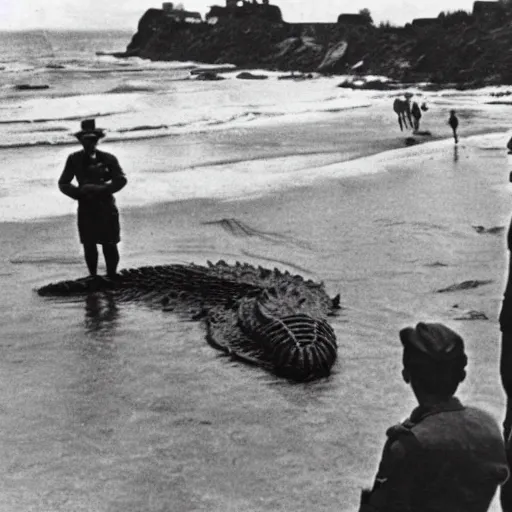 Image similar to 1940s photo, long shot, 5 soldiers looking at a huge creature washed up on a beach