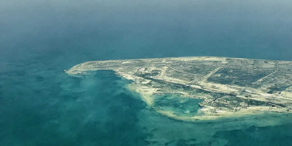 Prompt: aerial view of sunken airport at the bottom of the ocean. submerged airport. in the style of Caspar David Friedric.