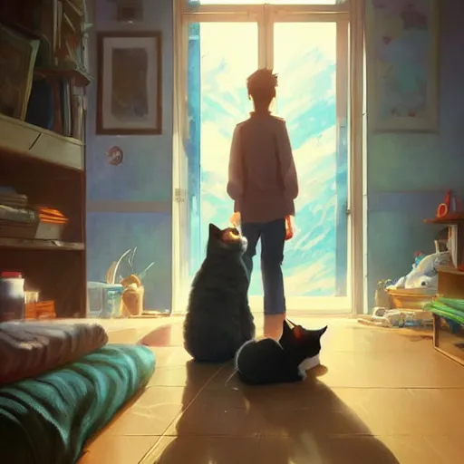 Prompt: a cat exists next to a man. cat and man in a room. digital art. artstation. realistic. vibrant. illustration. in the style of pixar movie. octane render. art by makoto shinkai, stanley artgerm lau, wlop, rossdraws. volumetric lighting.