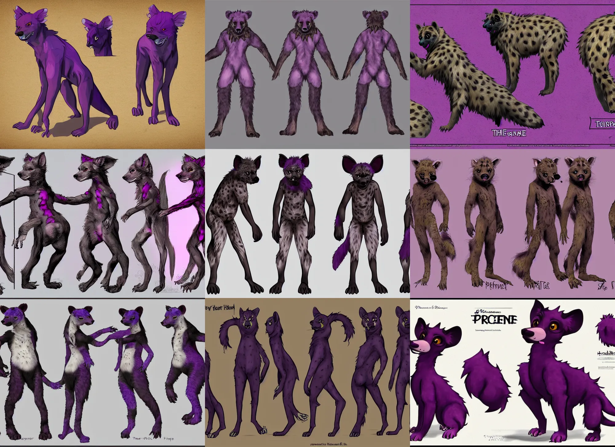 Prompt: three - perspective furry reference sheet ( front / back / side ), hyena fursona, purple and black color scheme, themed after wine, high - resolution, trending on weasyl