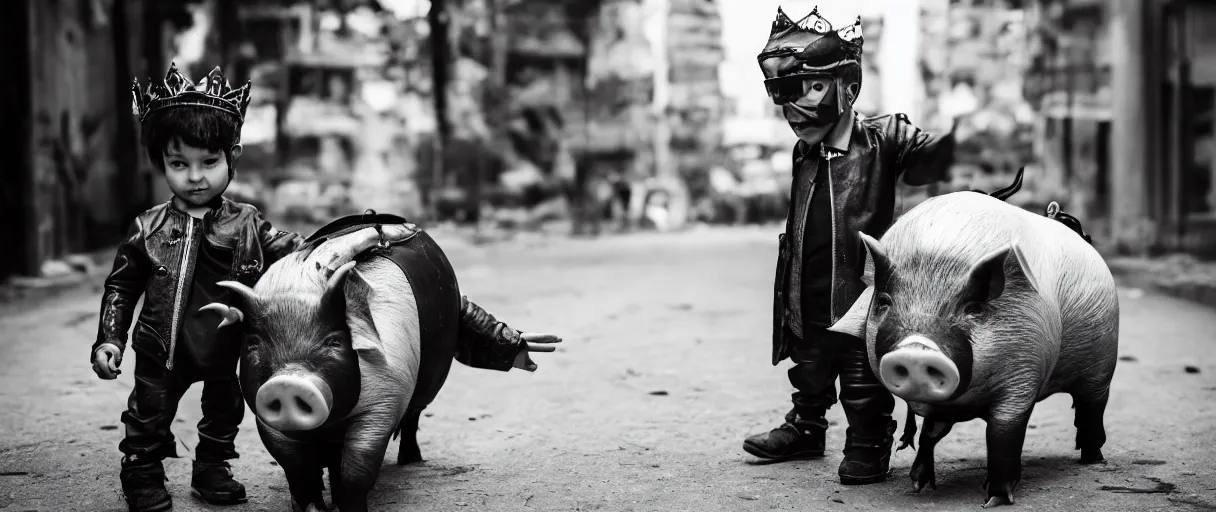 Image similar to cyberpunk boy child boy wearing gold crown riding large pig in black and white