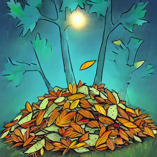 Prompt: pile of leaves, concept art, illustrated, highly detailed, high quality, bright colors, optimistic,