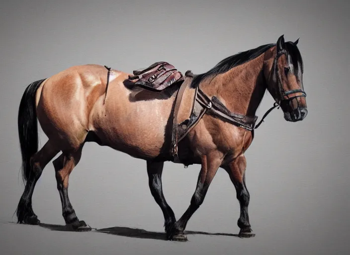 Prompt: concept art of algie skinned stallion, carrying a saddle bag, digital art, photo realistic, highly detailed