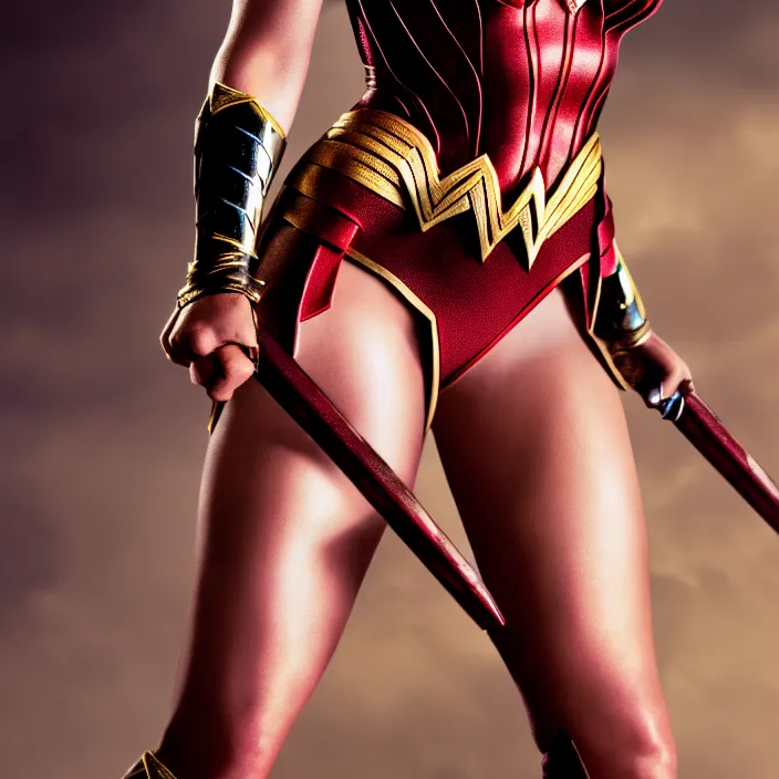 Image similar to full length portrait photograph of a margot robbie as wonder woman, Extremely detailed. 8k