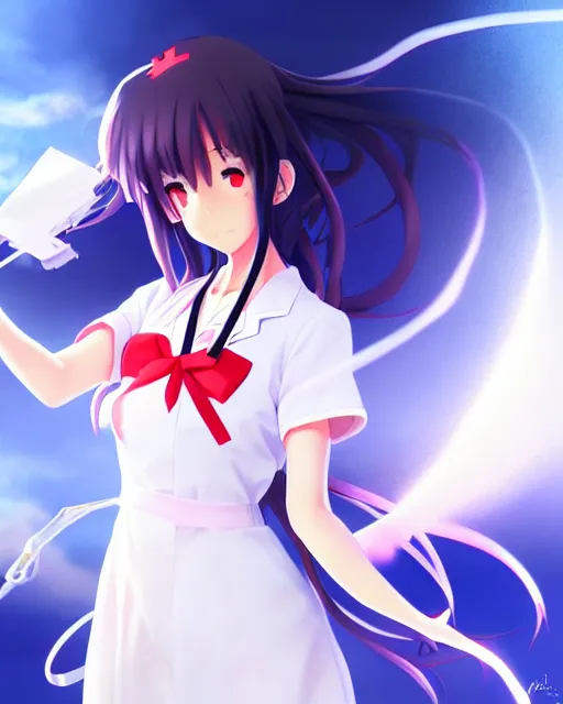 Image similar to anime style, vivid, expressive, full body, 4 k, painting, a cute magical girl with a long wavy black hair wearing a nurse outfit, stunning, realistic light and shadow effects, centered, simple background, studio ghibly makoto shinkai yuji yamaguchi