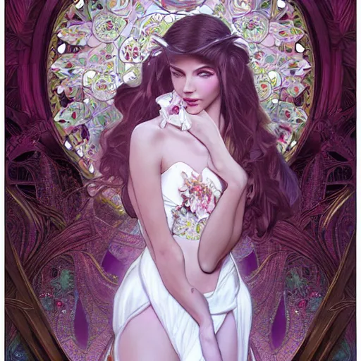 Image similar to a photograpic portrait of a anthropomorphic orchid wearing white clothes, iridescent colors, fantasy, intricate, elegant, highly detailed, digital painting, artstation, concept art, smooth, sharp focus, illustration, art by artgerm and H R Giger and alphonse mucha