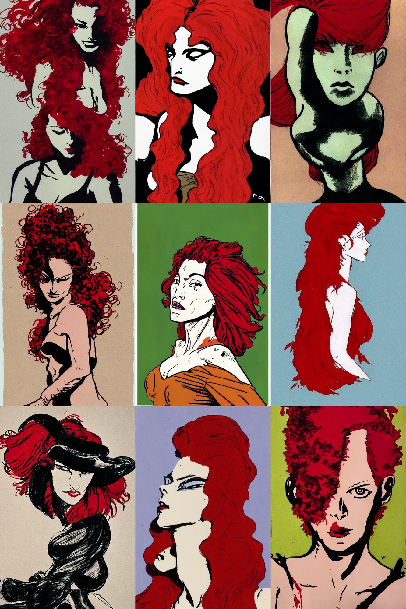 Prompt: Woman with red hair, artwork by Frank Miller