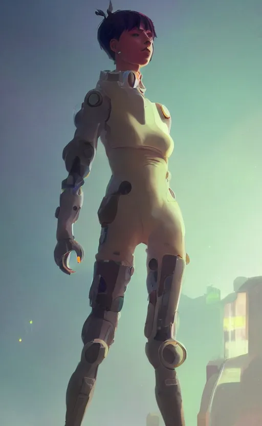 Image similar to sci fi female character, muted colored bodysuit, sci-fi large mech boots that go up to the thigh, thick mechanical leg accessory, soft lighting, wojtek fus, by Makoto Shinkai and Ilya Kuvshinov,