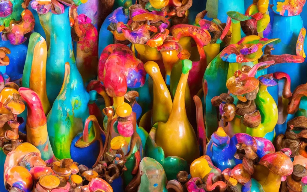 Image similar to Studio Photograph of Beautiful intensely colorful Ceramic Sculpture Of Tropical Mushrooms on a pedestal, ceramic sculpture with dripping glaze on a pedestal intricately carved with sgraffito Insects and the images of Tropical Flowers by Amedeo Modigliani by Robert Arneson by Paul Klee, Drippy Glaze Bright Intense Colors shocking detail hyperrealistic trending on artstation
